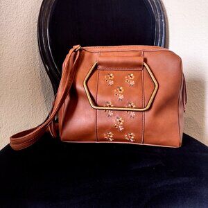 Floral embroidered- Faux leather adjustable strap purse Metal Hardware/Z…